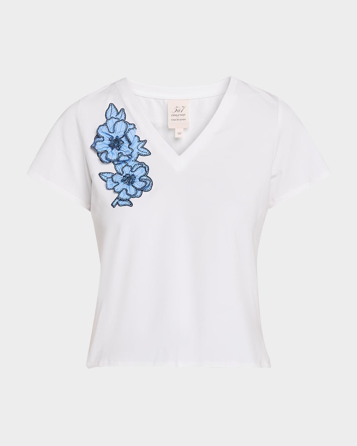 Cinq à Sept Floral Appliqué V-Neck Tee