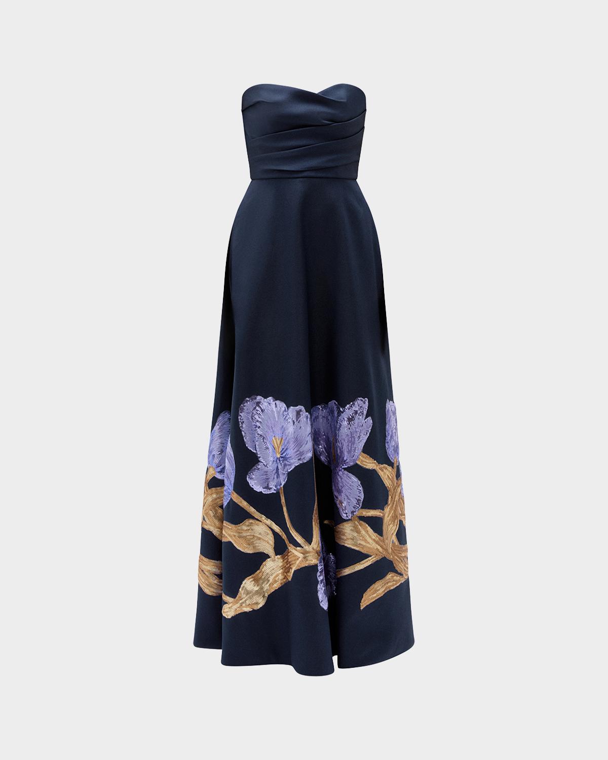 Amsale Strapless Floral Trim Long Gown
