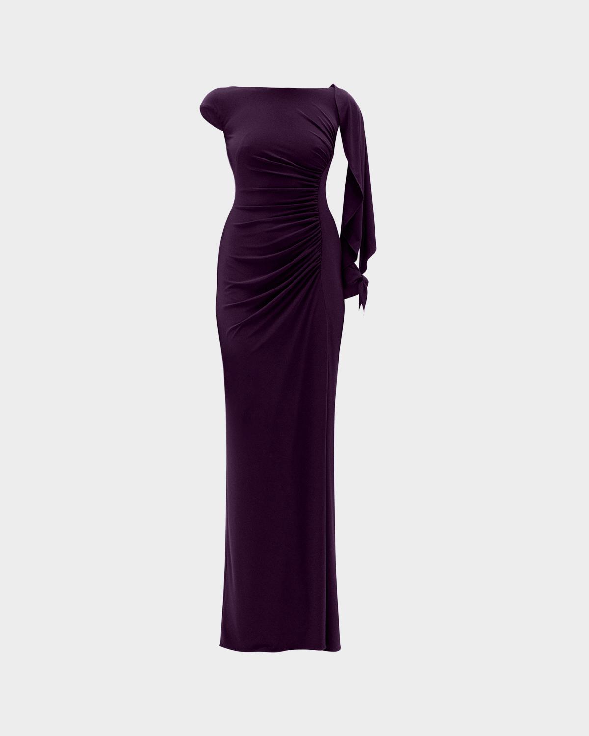 Amsale Asymmetric Cap-Sleeve Ruched Long Gown