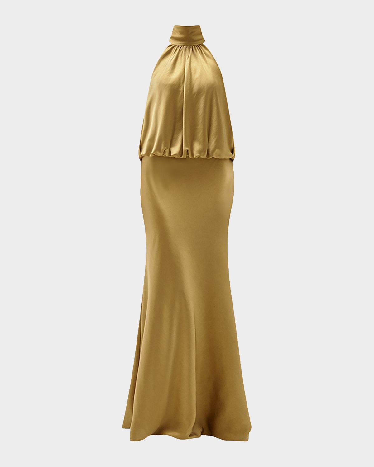 Amsale Long Satin Halter Blouson Gown