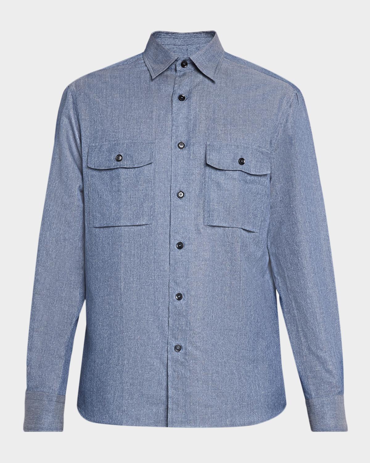 Brioni Men's Cotton and Linen Flap-Pocket Military Shirt