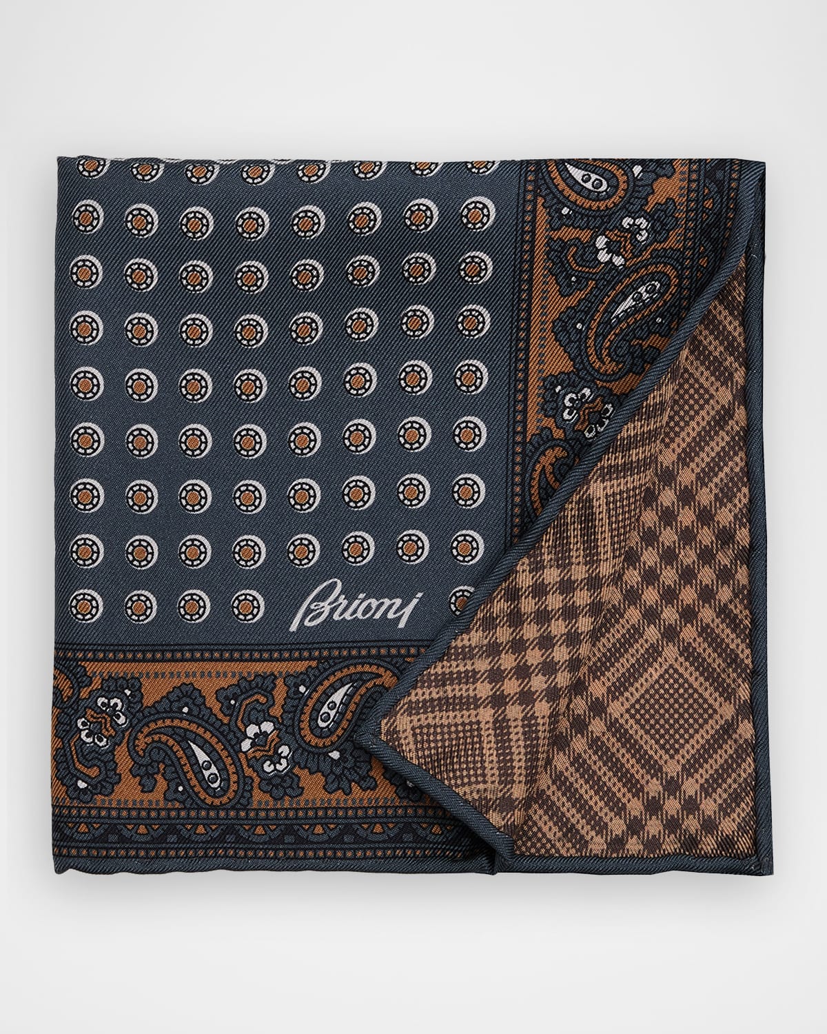 Brioni Men 's Geometric to Glen Plaid Hand-Rolled Silk Pocket Square