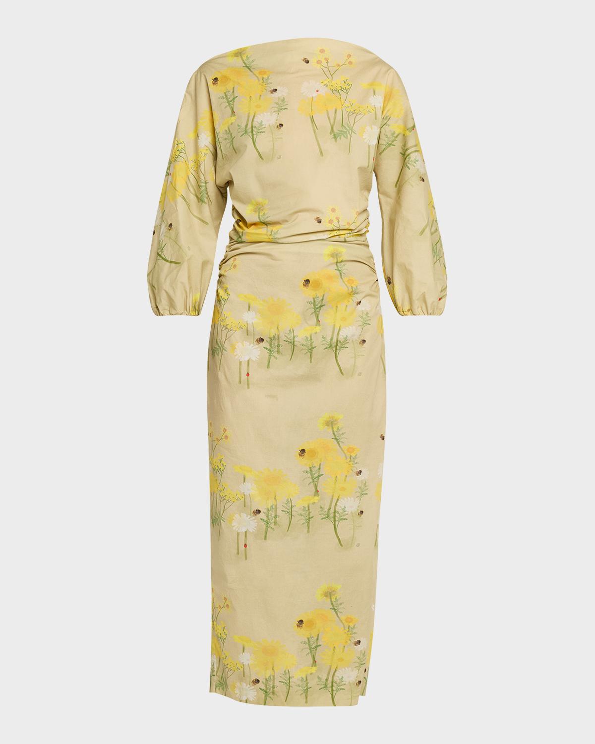 BERNADETTE Ezra Floral Ruched Cotton 3/4-Sleeve Midi Dress