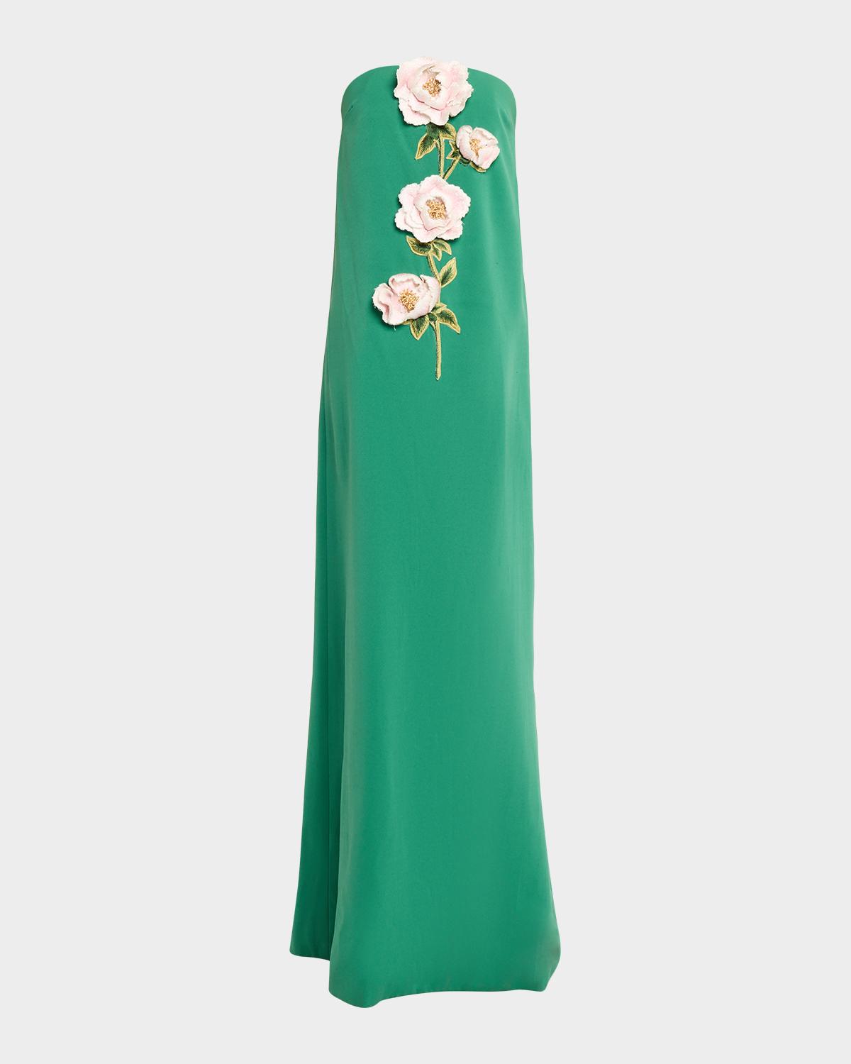Lela Rose Peony Embroidered Strapless Crepe Gown