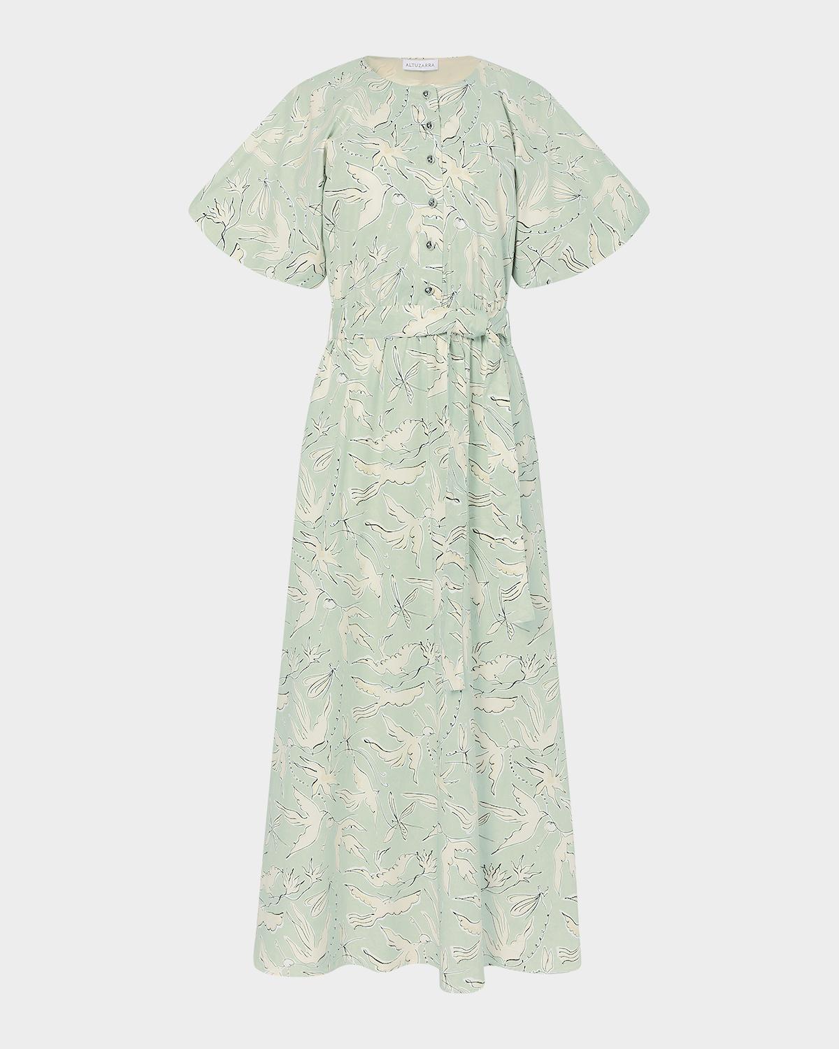 Altuzarra Paulina Dove-Print Cotton Puff-Sleeve Belted Midi Dress