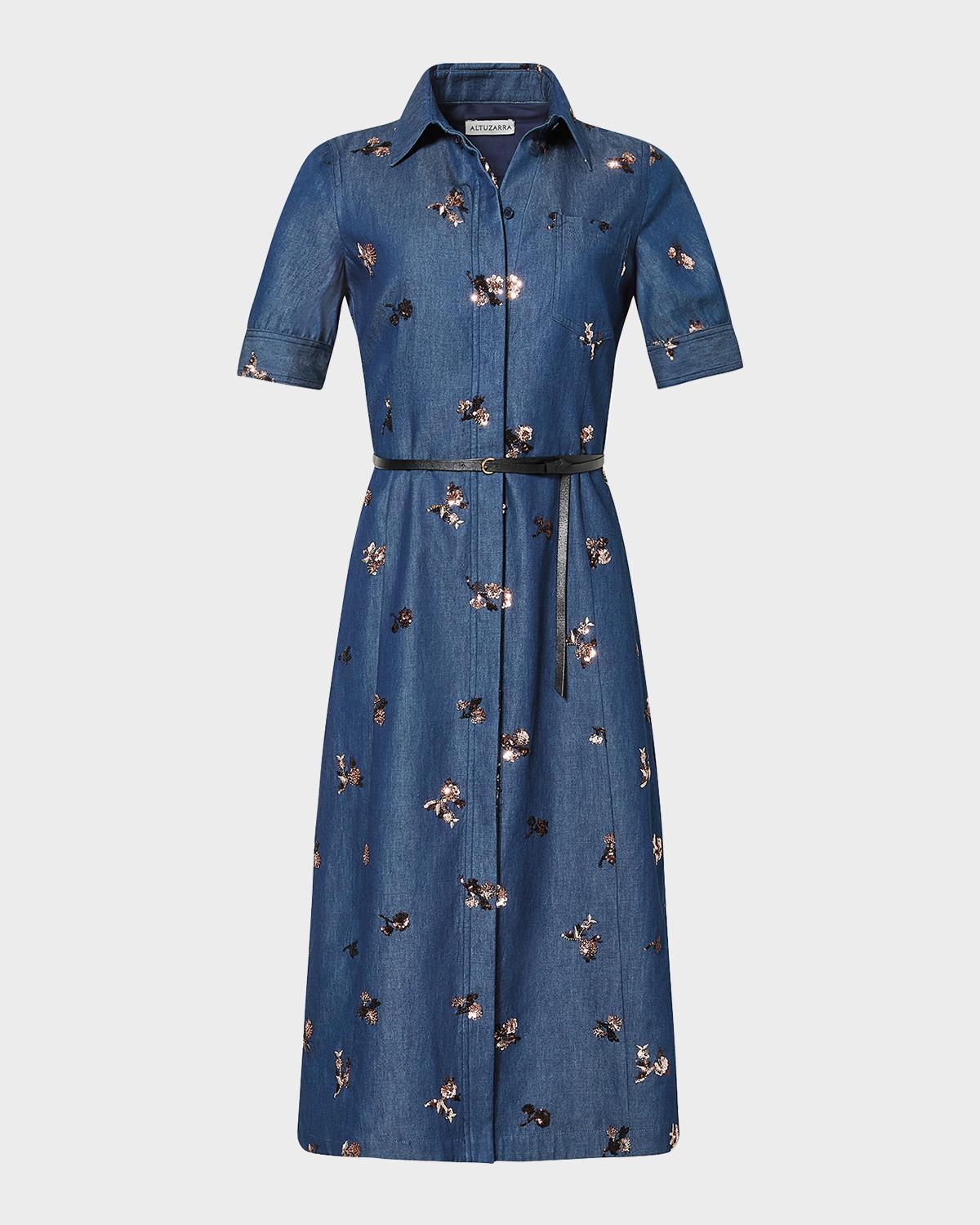Altuzarra Kieran Sequined Floral Denim Midi Shirtdress With Belt