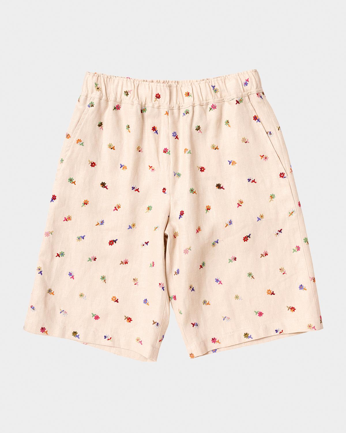 vowels Men's Floral-Embroidered Linen-Blend Pull-On Shorts