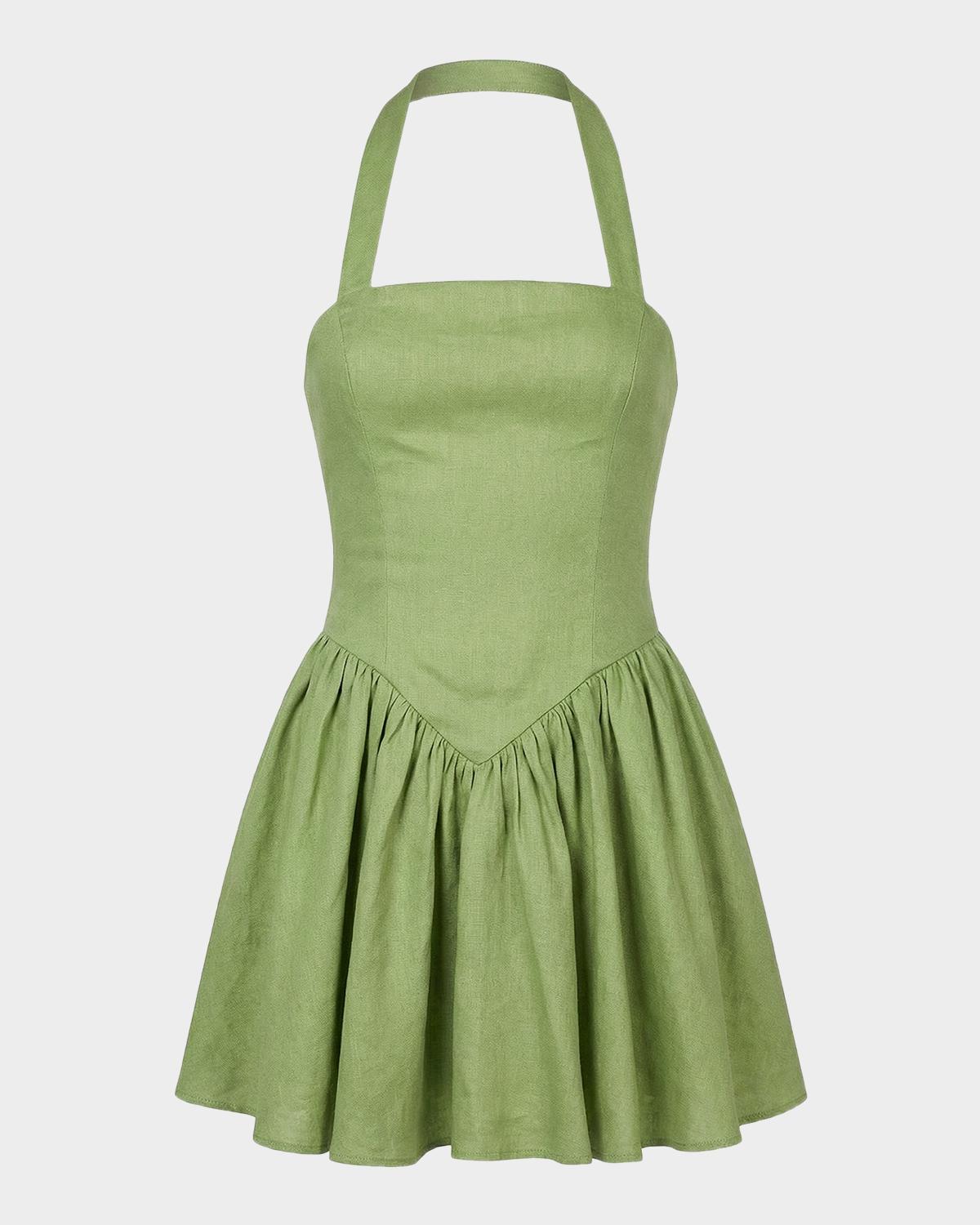 NICHOLAS Amalie Basque-Waist Halter Linen Mini Dress