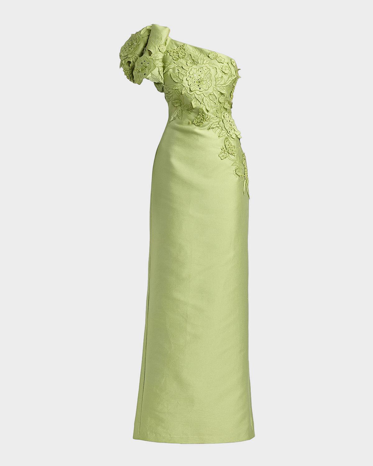 Badgley Mischka One-Shoulder Pebble Gazar Column Gown
