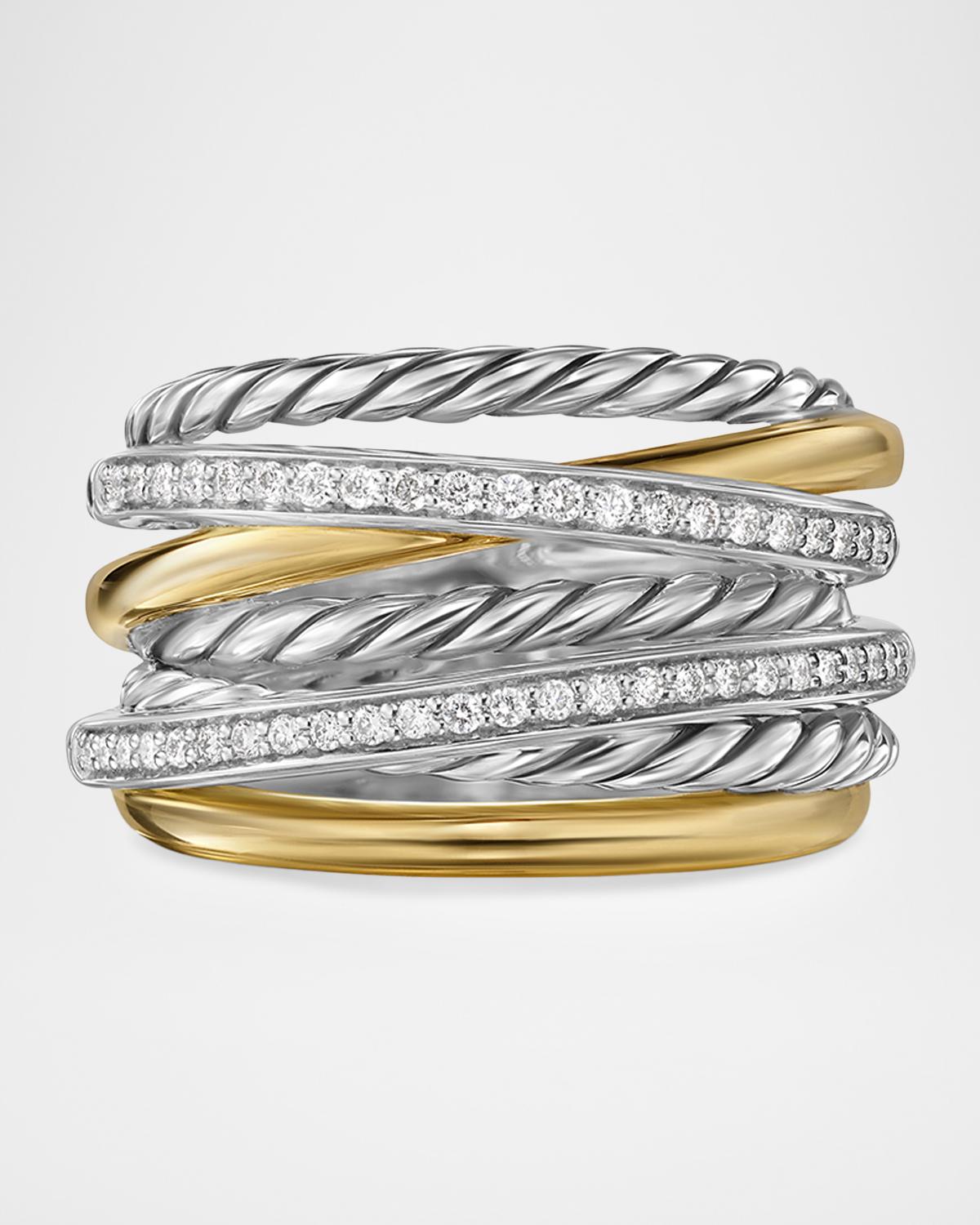 Crossover 7 Row Ring with Diamonds in Silver and 18K Gold