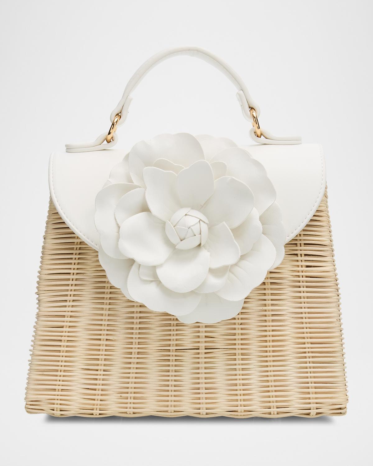 Melody Flower-Embellished Rattan Top-Handle Bag