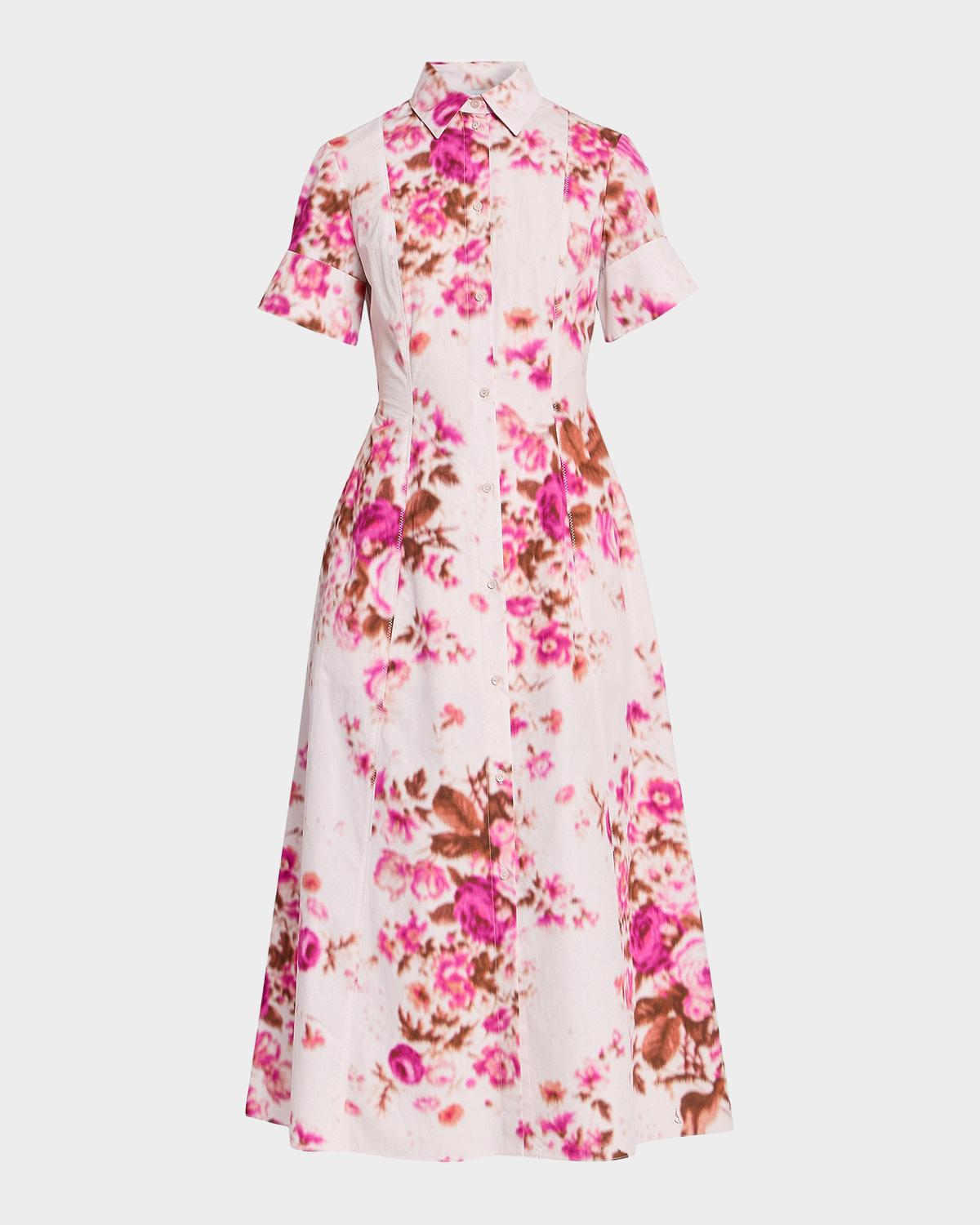Erdem Short-Sleeve Blur Floral-Print Cotton Poplin Midi Shirtdress