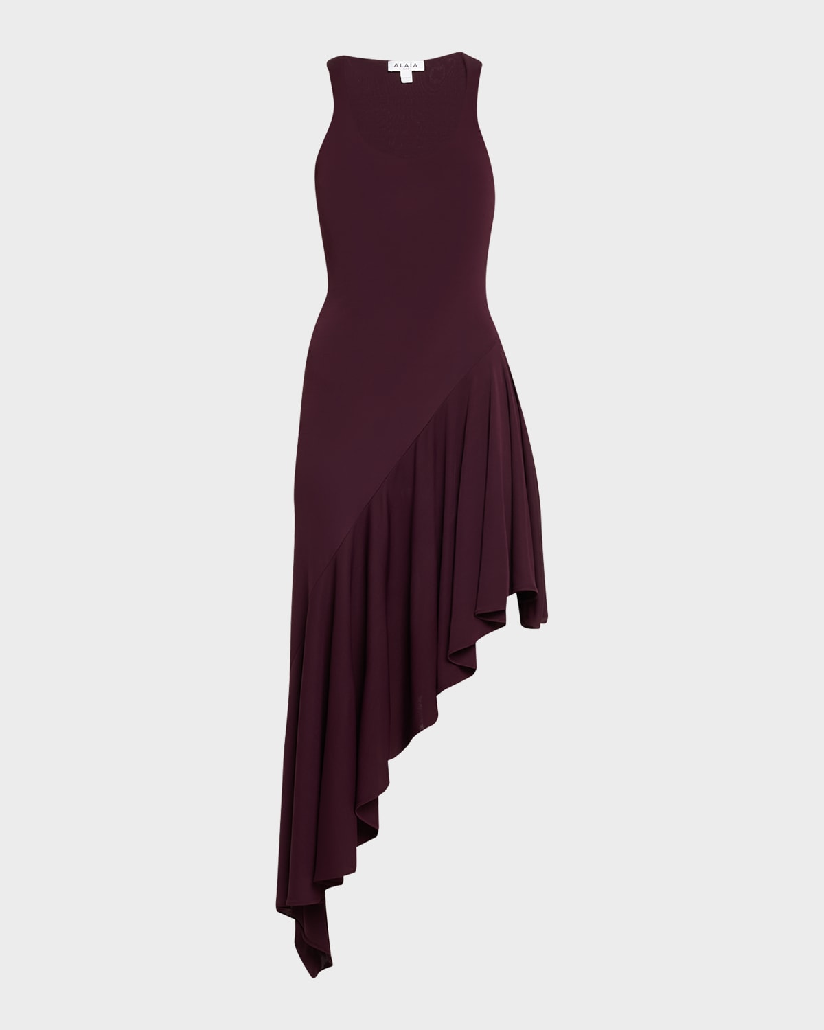 ALAIA Asymmetric Ruffle Jersey Sleeveless Midi Dress