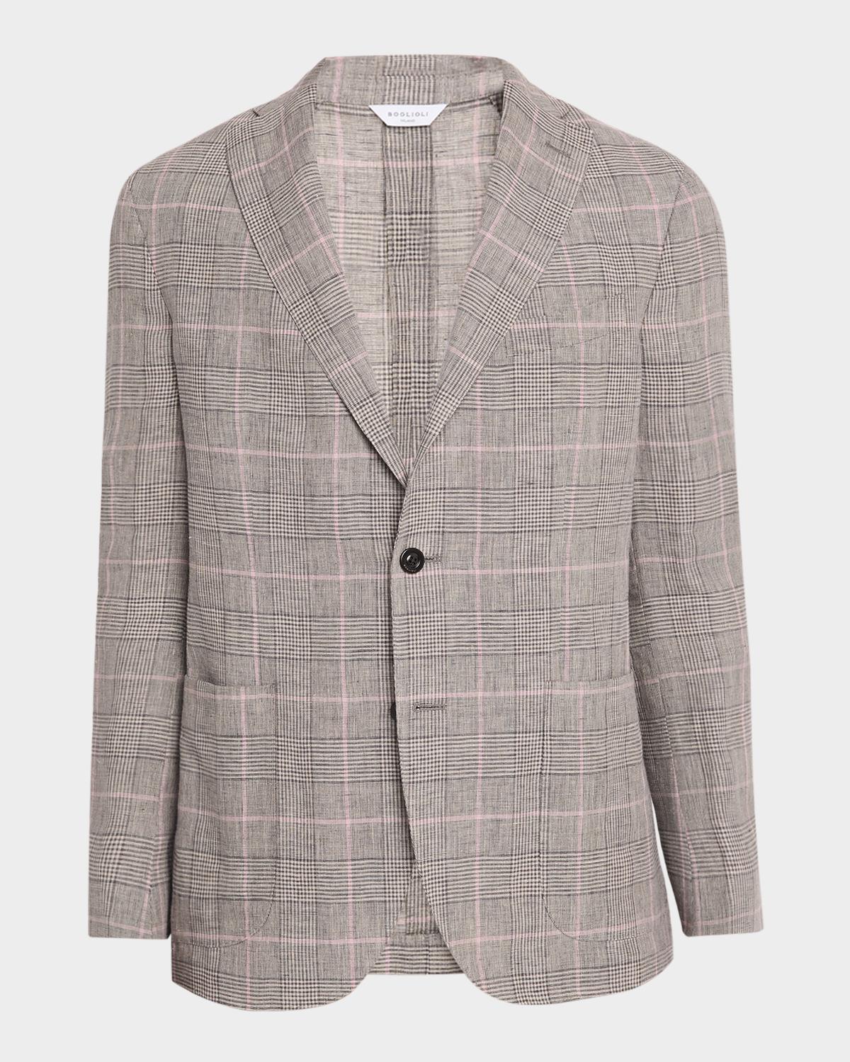 Boglioli Men's Glen Plaid Linen Single-Breasted Jacket