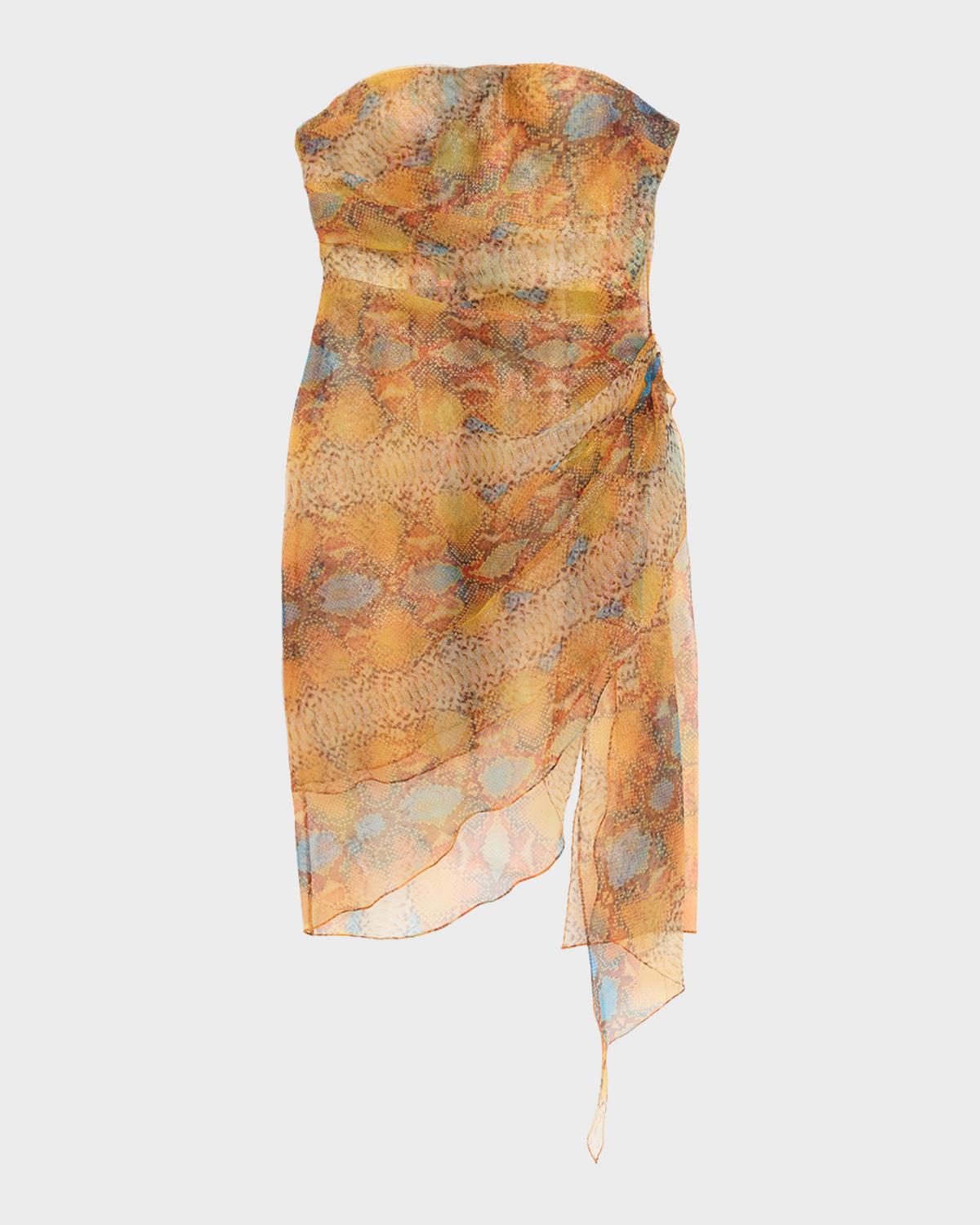 LaQuan Smith Strapless Metallic Snake-Print Chiffon Asymmetric Dress