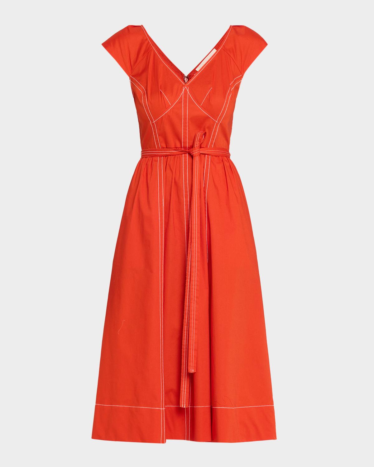 Jason Wu Collection Cap-Sleeve V-Neck Belted Bustier Midi Dress