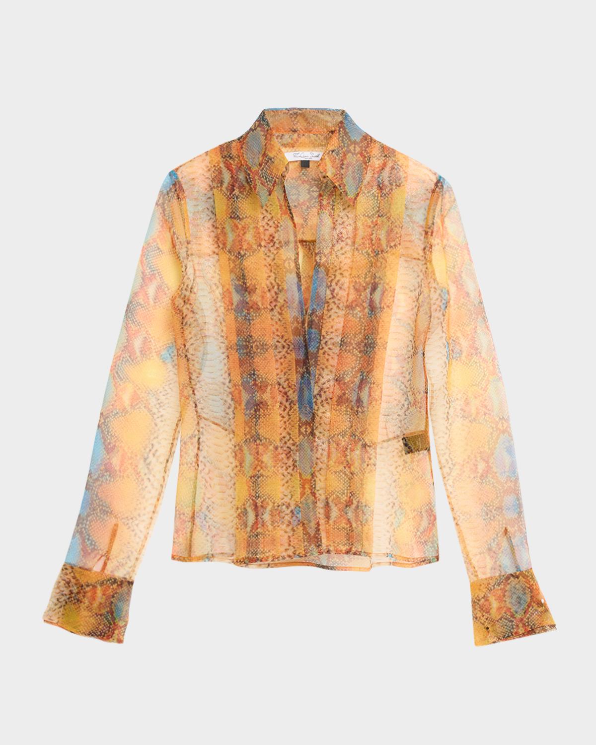 LaQuan Smith Plunging Metallic Snakeskin-Print Organza Shirt