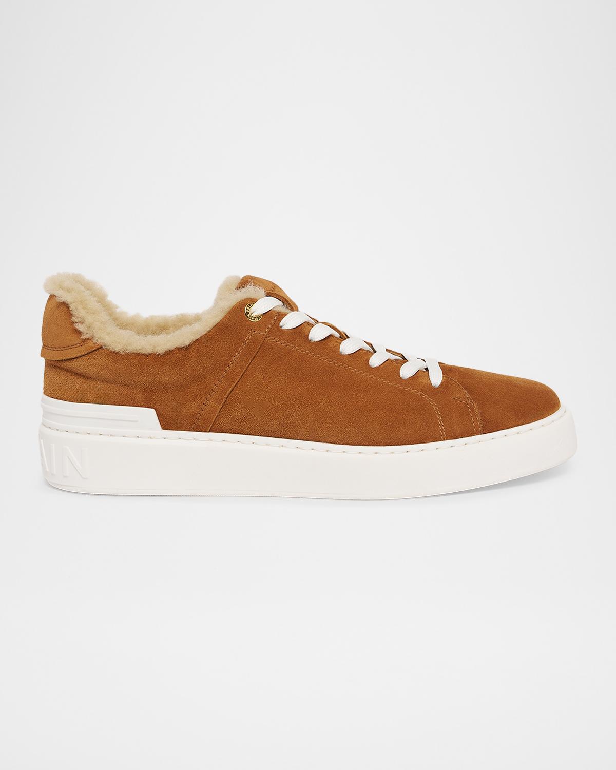 Balmain Men's Court Shearling-Lined Suede Sneakers