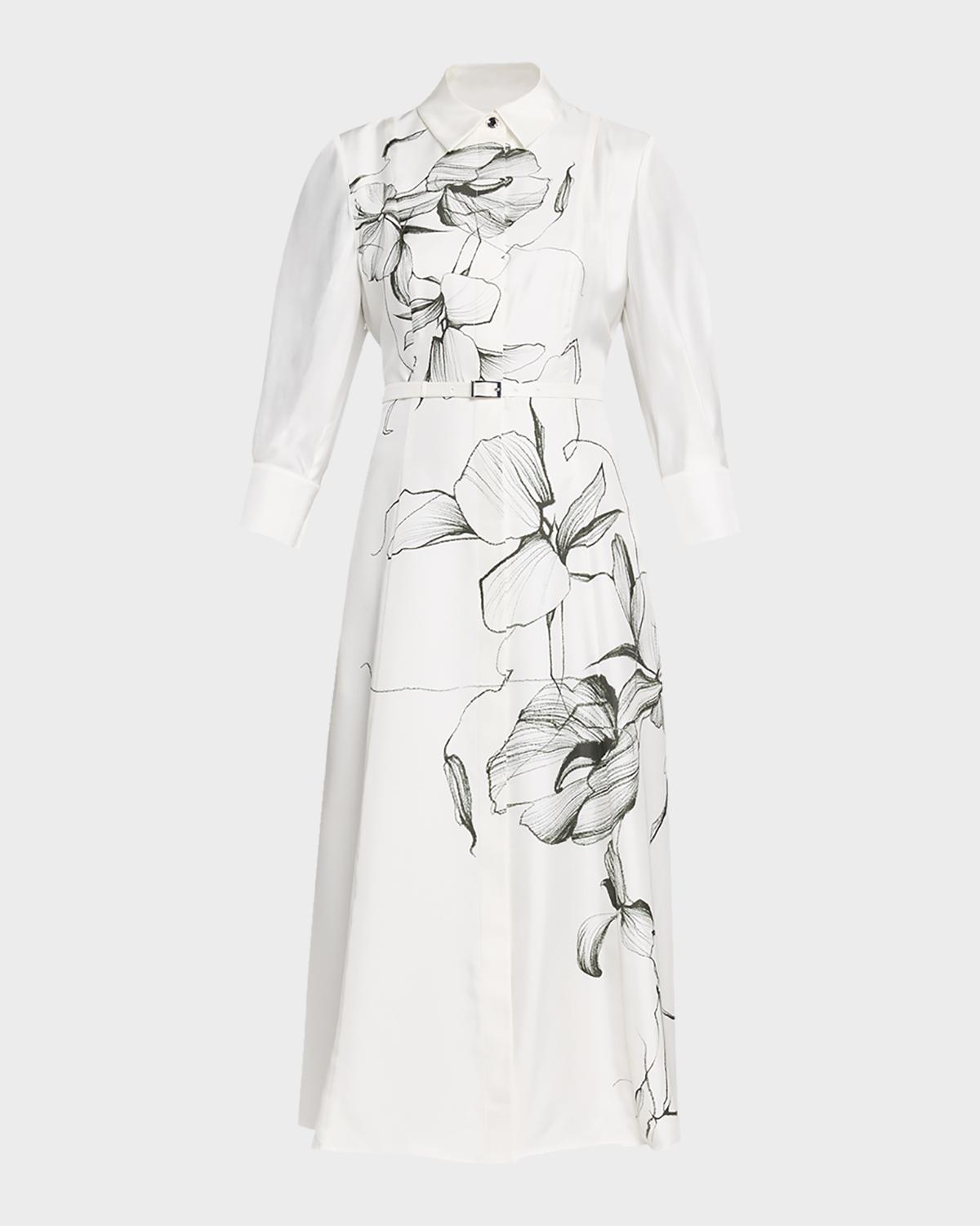 Jason Wu Collection Shadow Floral Silk Belted Midi Shirtdress