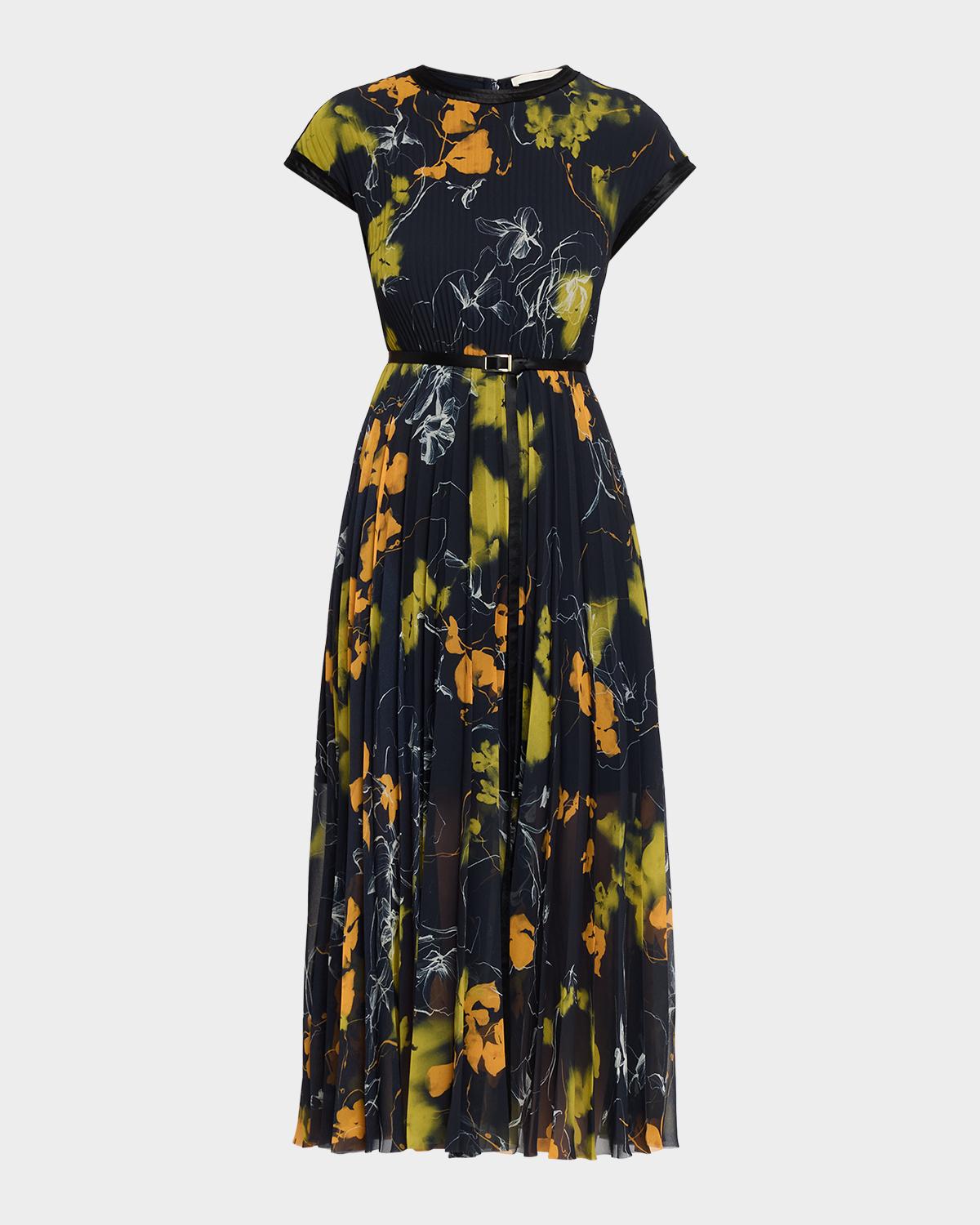 Jason Wu Collection Shadow Floral Pleated Crepe De Chine Midi Dress