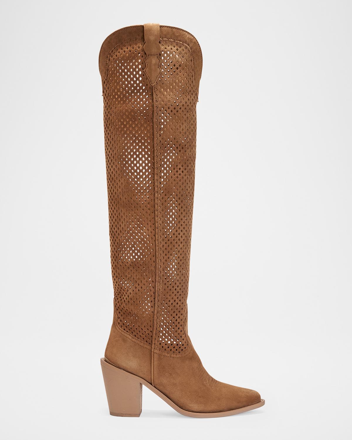 Partlow Aleene Perforated Suede Knee-High Cowboy Boots