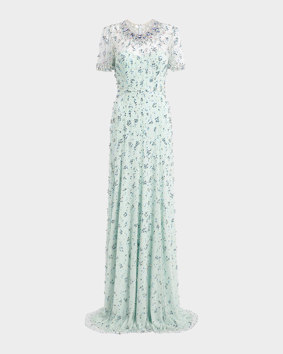 Jenny Packham Ambiance Embellished Flutter-Sleeve Trumpet Gown