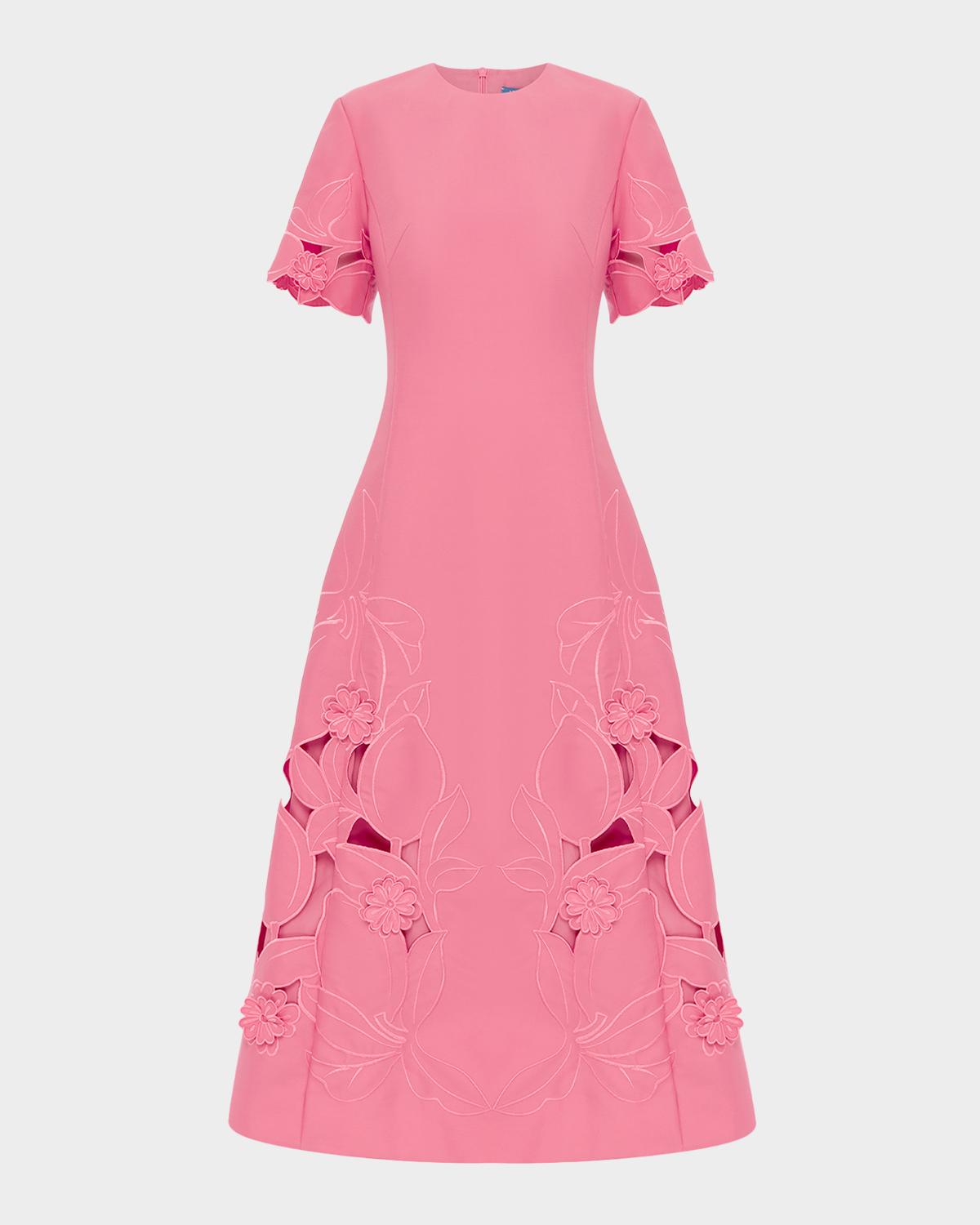 LEO LIN Caroline Floral Embroidered Short-Sleeve Midi Dress