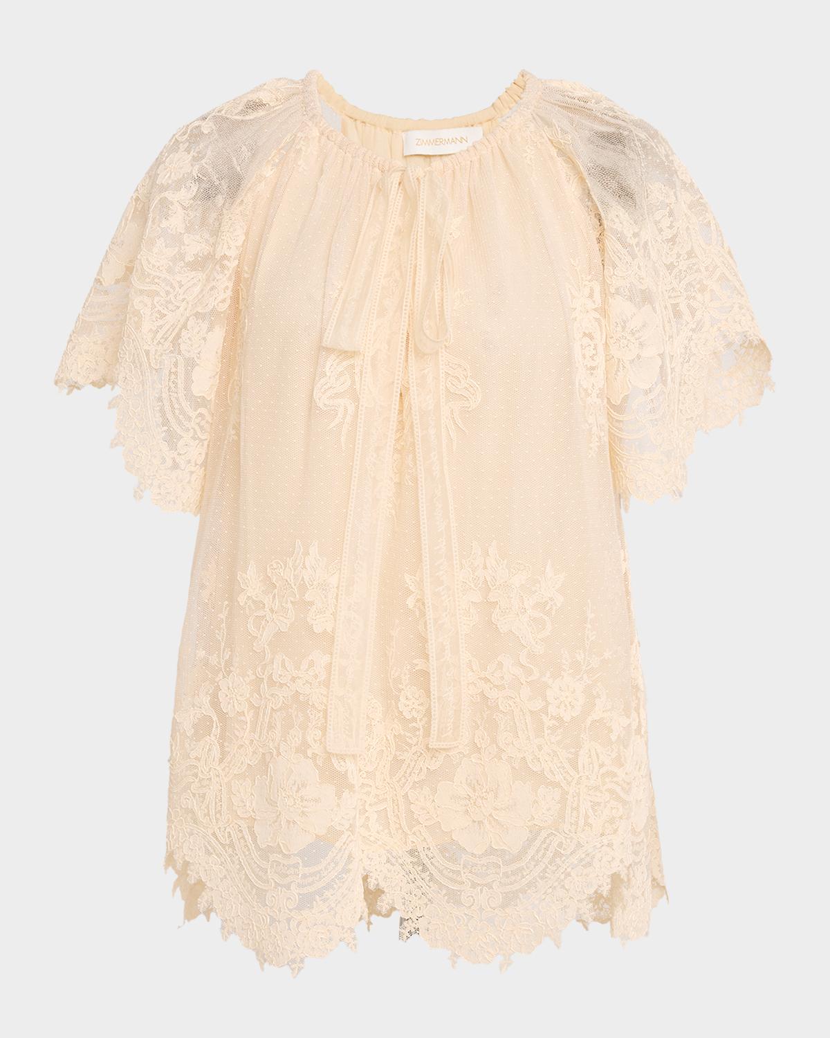Zimmermann Luna Floral Lace Flutter-Sleeve Blouse
