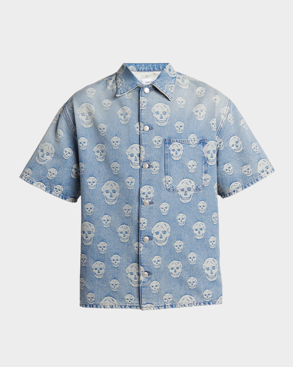 McQueen Men's Denim Allover Skull Short-Sleeve Shirt
