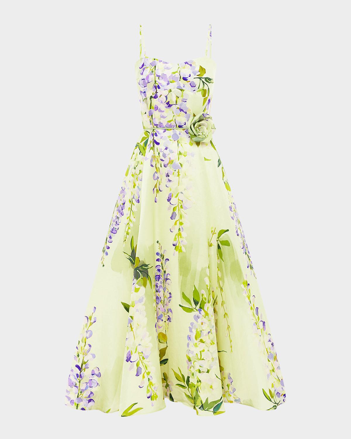 LEO LIN Mariela Belted Floral-Print Sweetheart Midi Dress