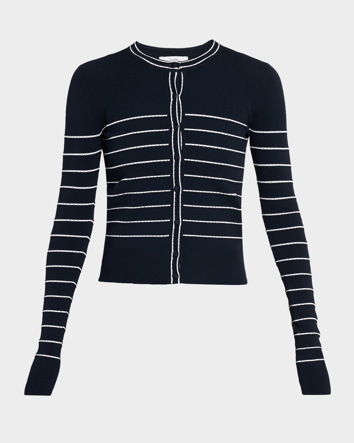Adam Lippes Faye Pointelle Striped Crewneck Cardigan