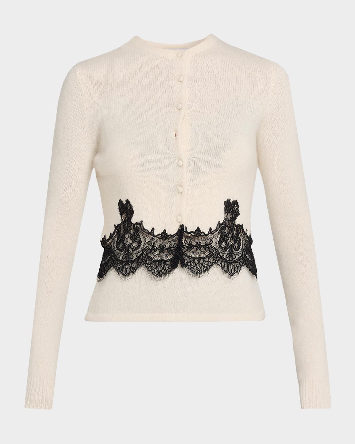 Adam Lippes Briar Lace-Trim Cashmere Knit Crewneck Cardigan