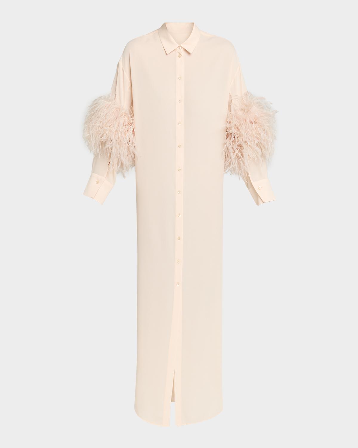 LAPOINTE Feather-Trim Long-Sleeve Georgette Maxi Shirtdress