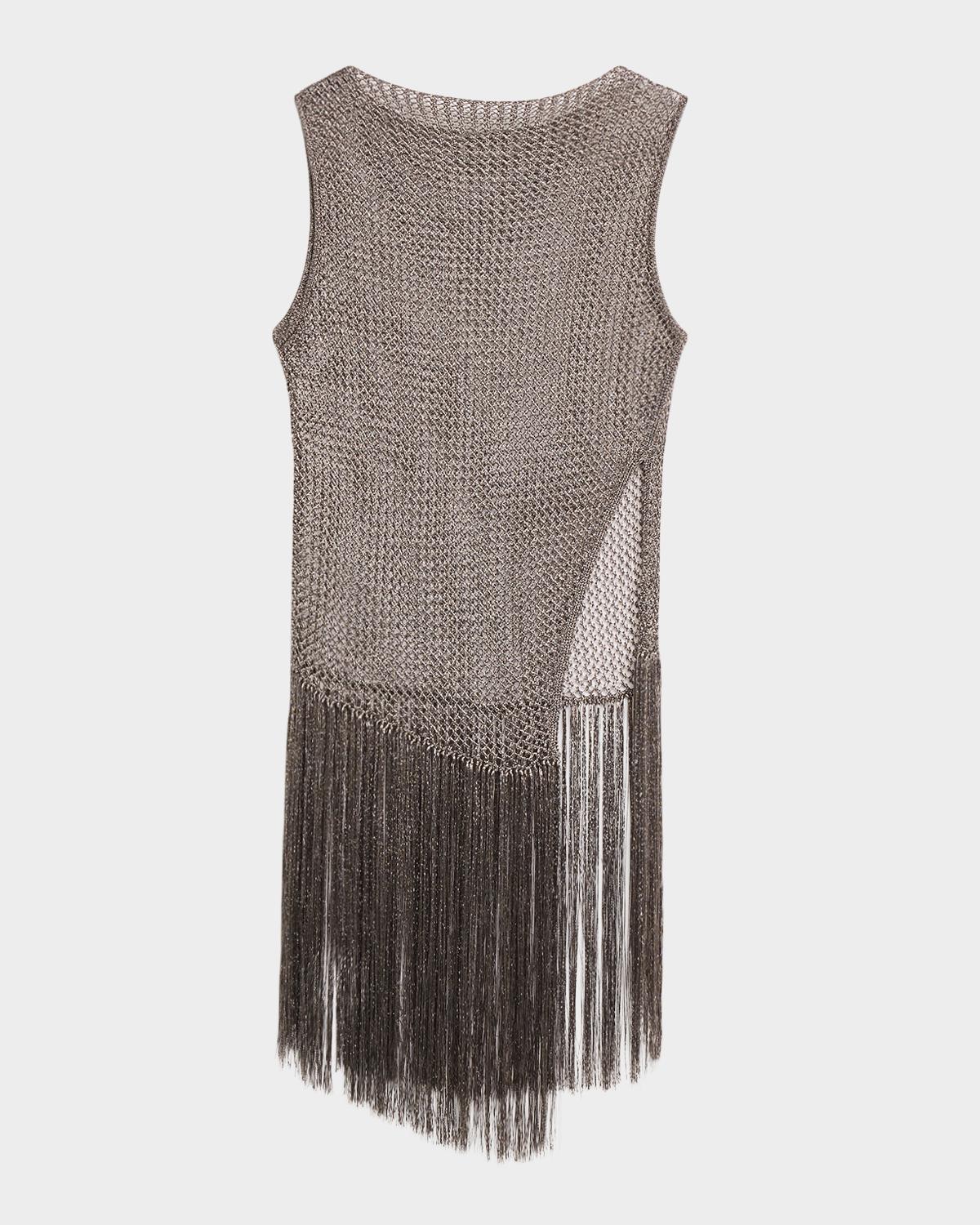 LAPOINTE Asymmetric Metallic Net Knit Fringed Tank Top