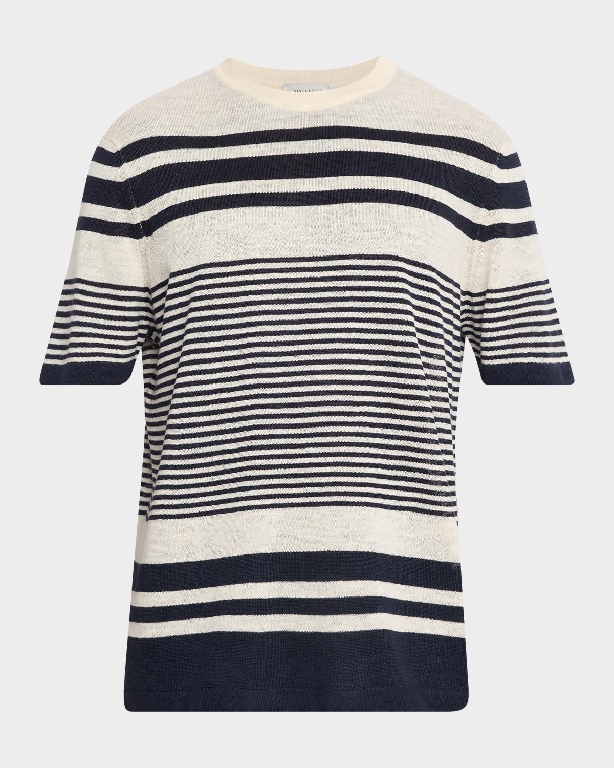 Bugatchi Men's Linen and Cotton Knit Multi-Stripe Short-Sleeve Crewneck Sweater