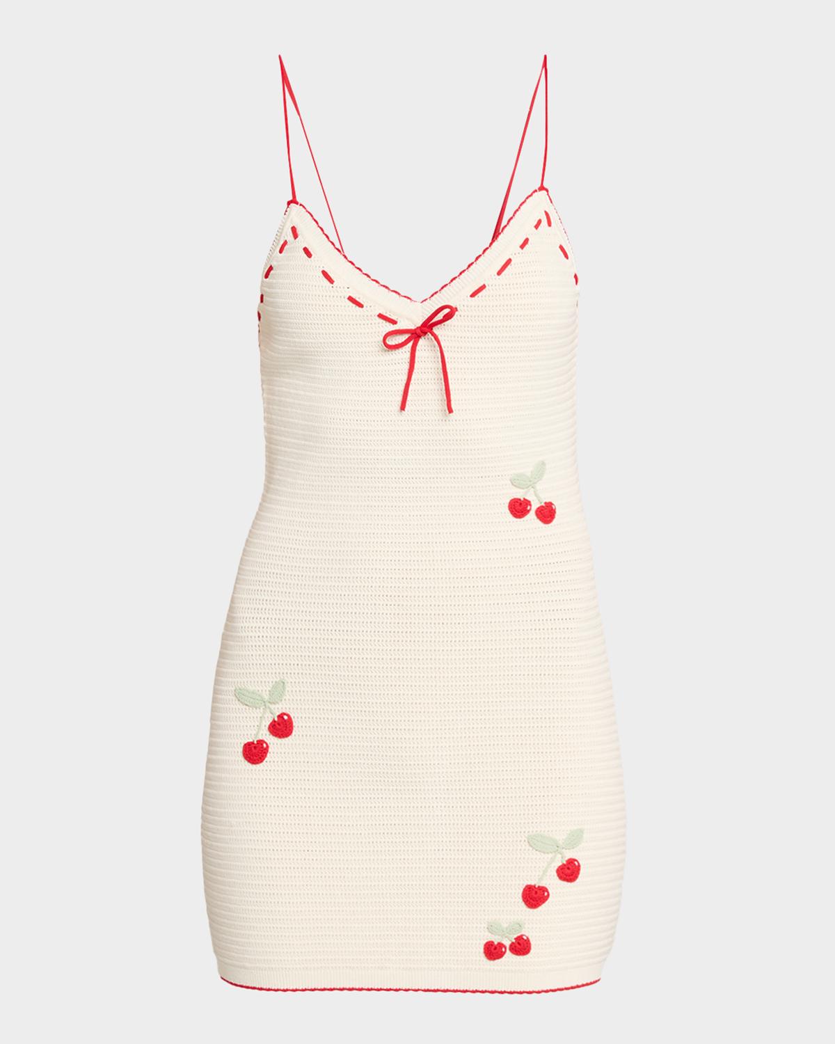 LoveShackFancy Yelena Cherry-Embroidered Crochet Mini Dress