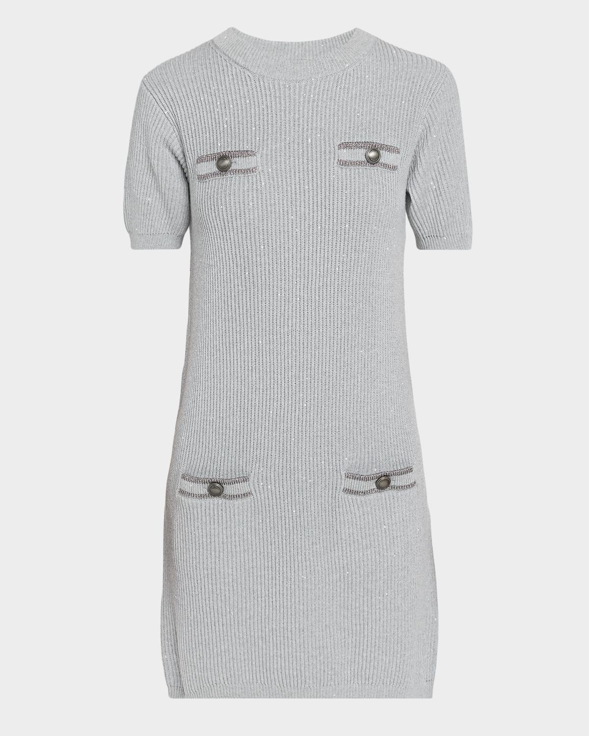 Brunello Cucinelli Pockets Short-Sleeve Shimmering Cotton Knit Mini Dress
