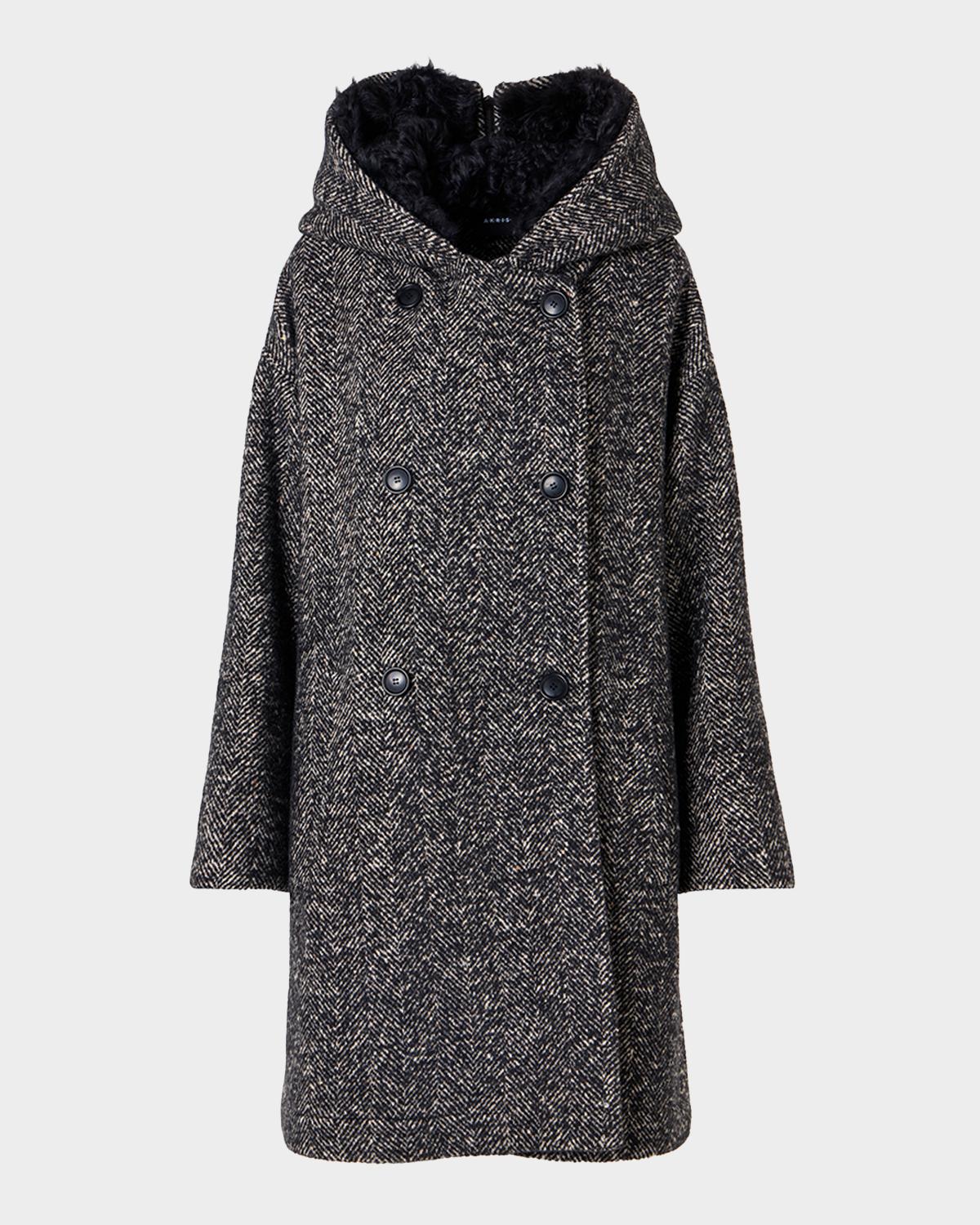 Akris Lamb Shearling Collar Double-Breasted Wool Herringbone Coat