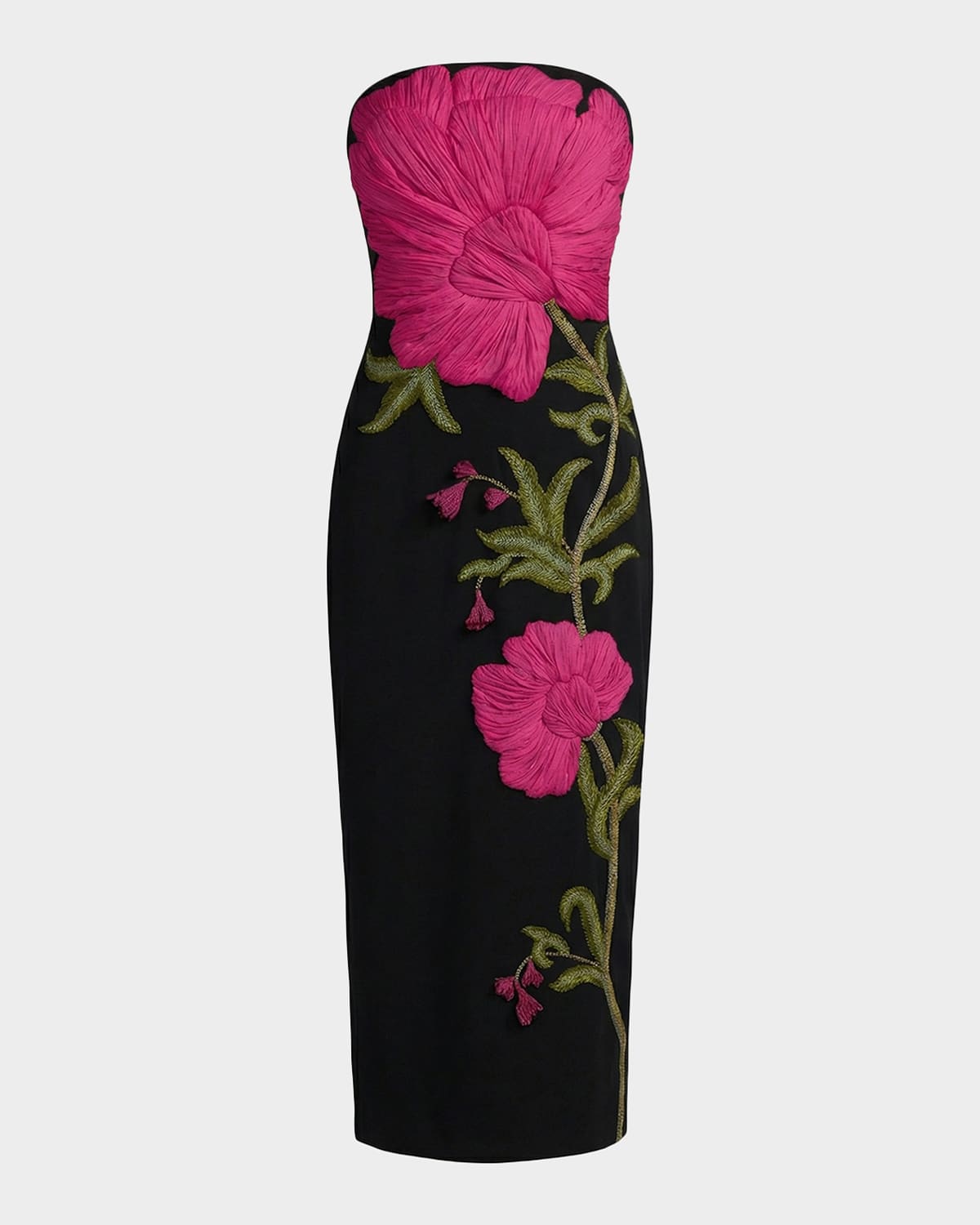 Strapless Floral-Embroidered Crepe Midi Dress