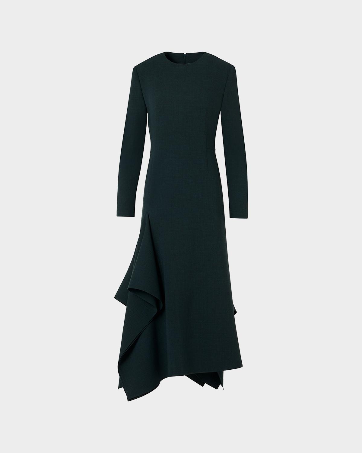 Akris Long-sleeve Asymmetric Draped Midi Dress In Forest Gre