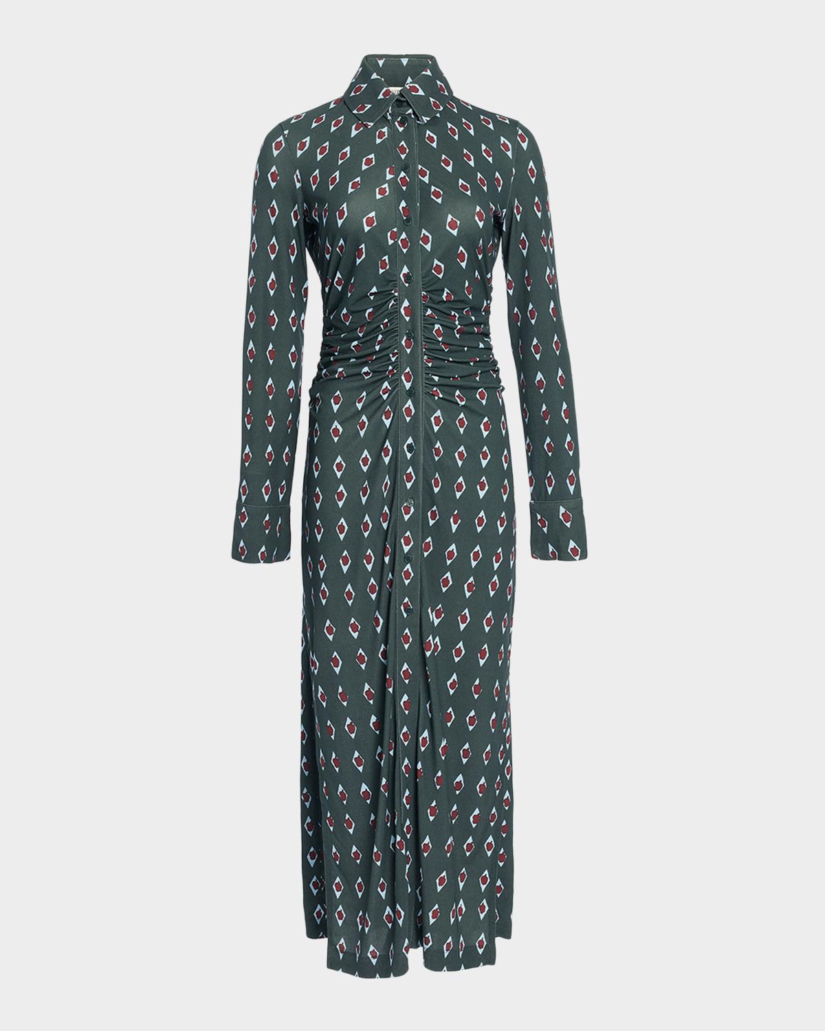 Altuzarra Claudia Diamond-Print Long-Sleeve Ruched Midi Shirtdress
