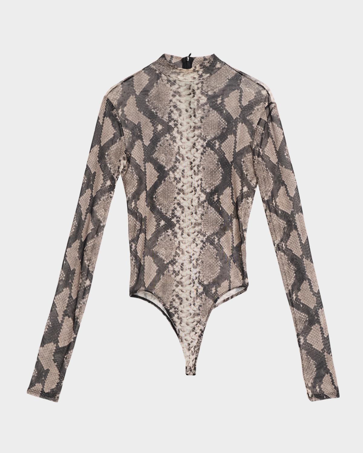 LAPOINTE Snakeskin-Print Mesh Mock-Neck Bodysuit