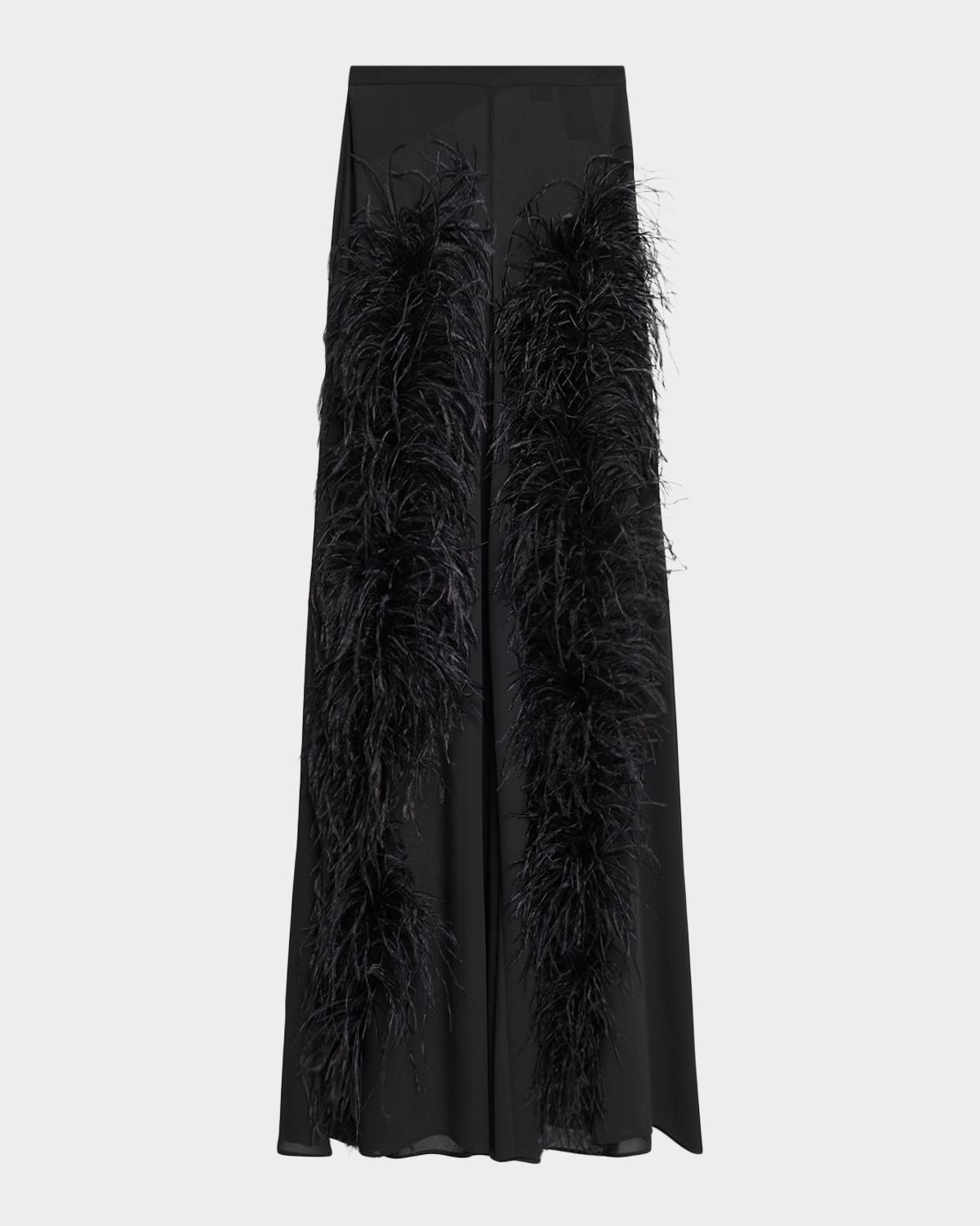 LAPOINTE Feather-Trim Georgette Wide-Leg Pants
