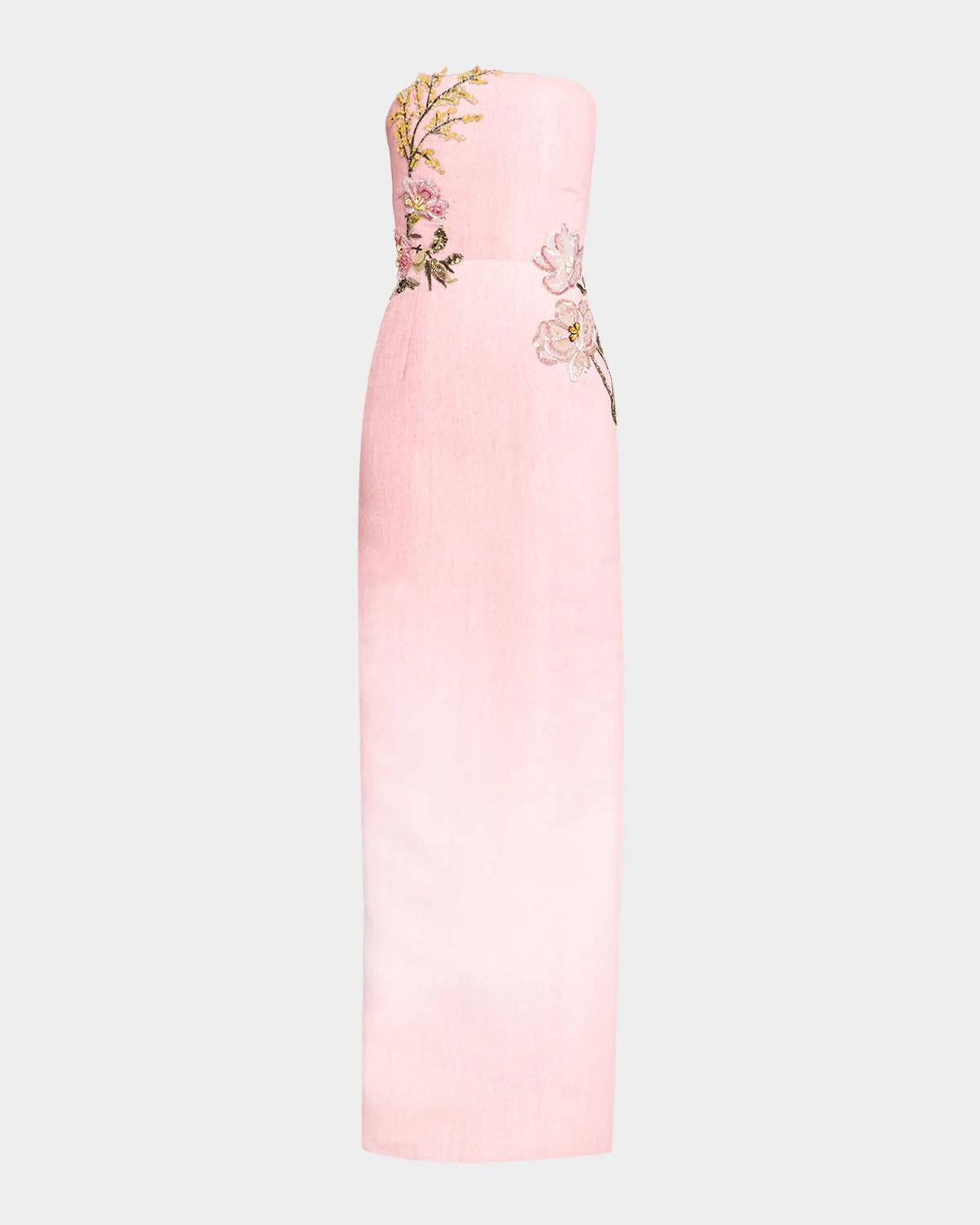 Oscar De La Renta Strapless Beaded Flower Column Gown In Blush