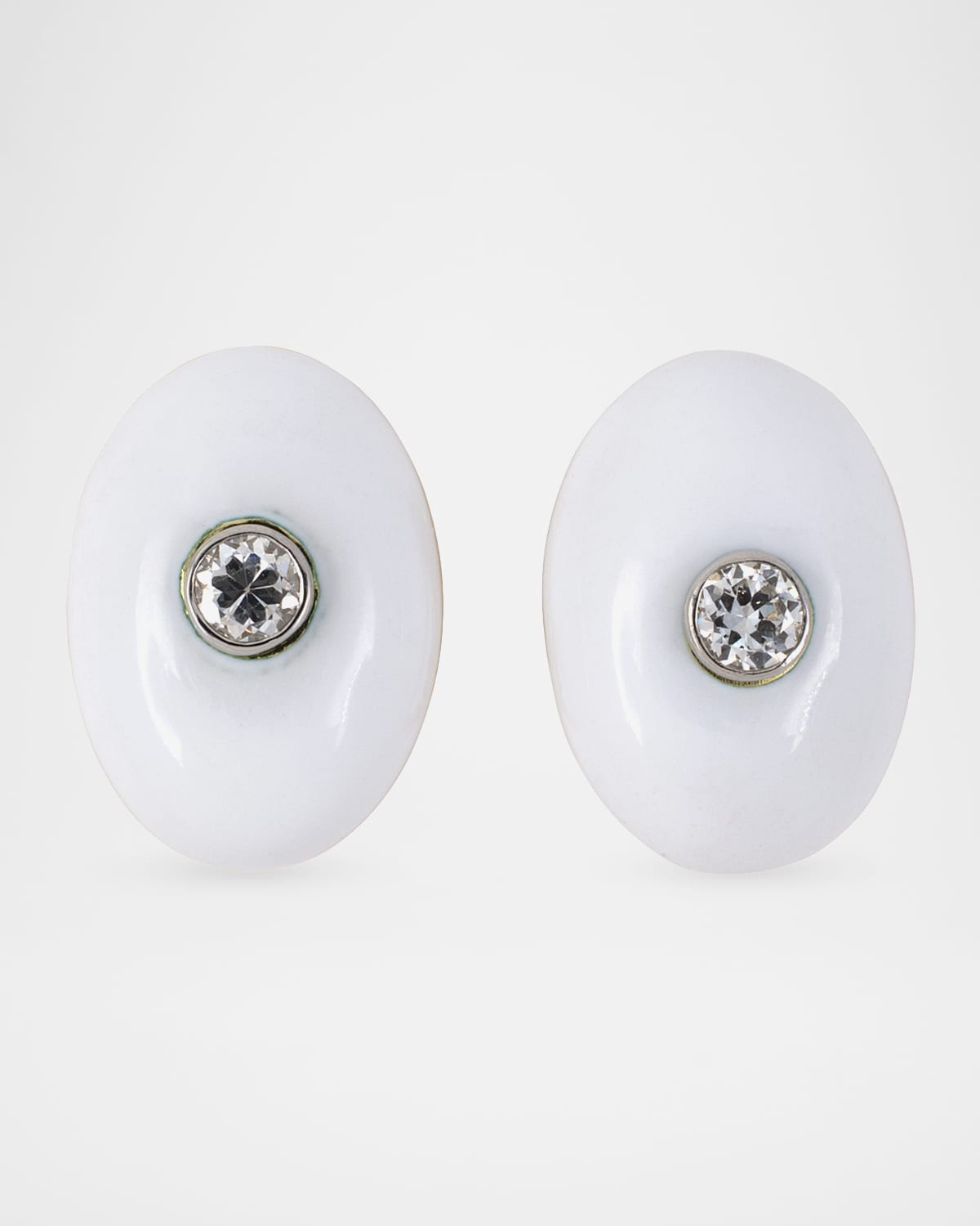 NM Estate Estate Webb 18K Yellow Gold Diamond and Enamel Oval Domed Button Clip Earrings