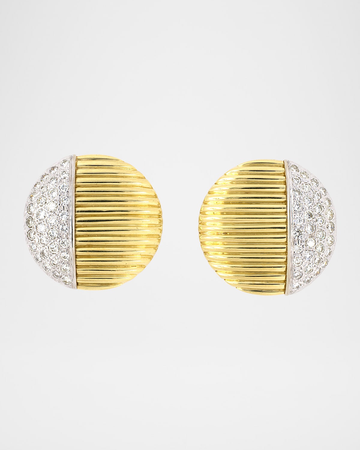 NM Estate Estate 18K and 14K Pave Diamond Corrugated Domed Disc Clip Earrings