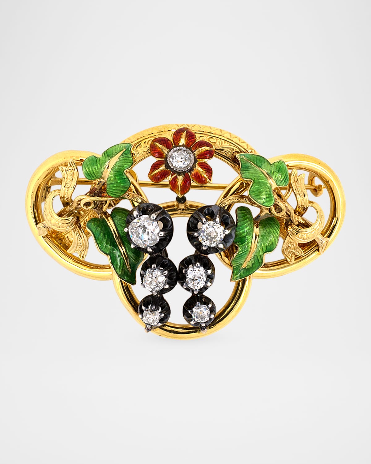NM Estate Estate 18K Yellow Gold Diamond and Enamel Victoria Chased Floral Pin Pendant