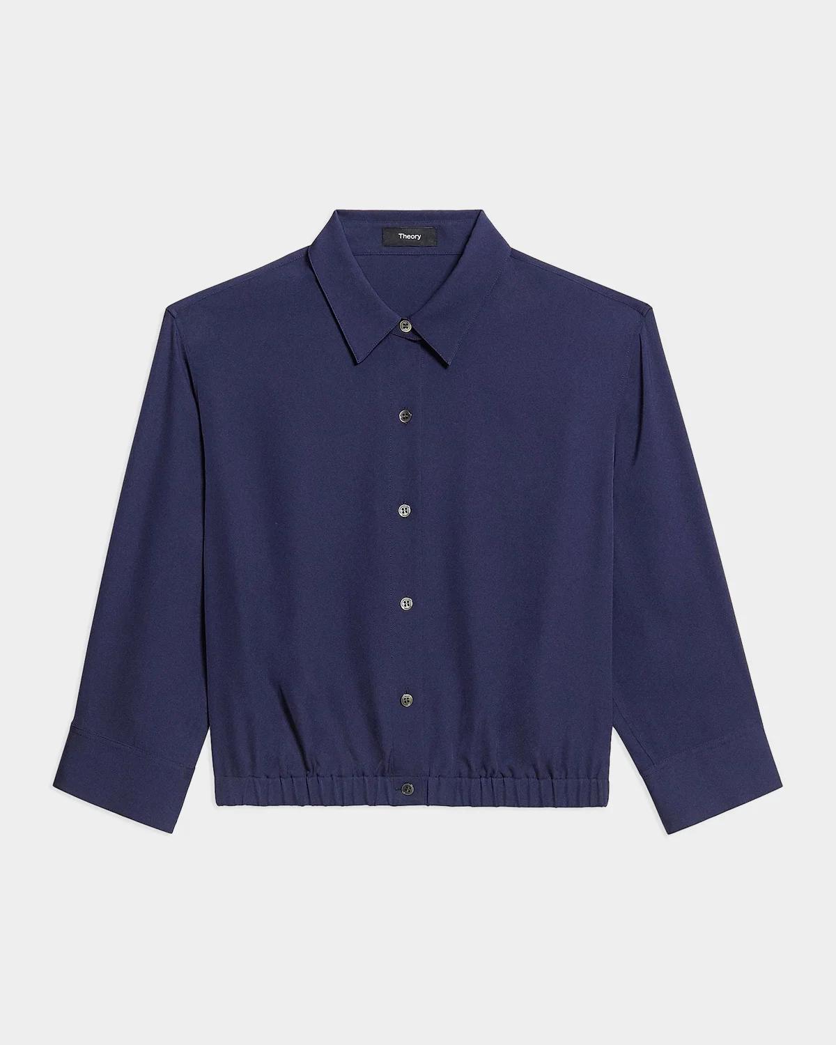 Theory Scrunched-Sleeve Cropped Button-Front Silk Shirt