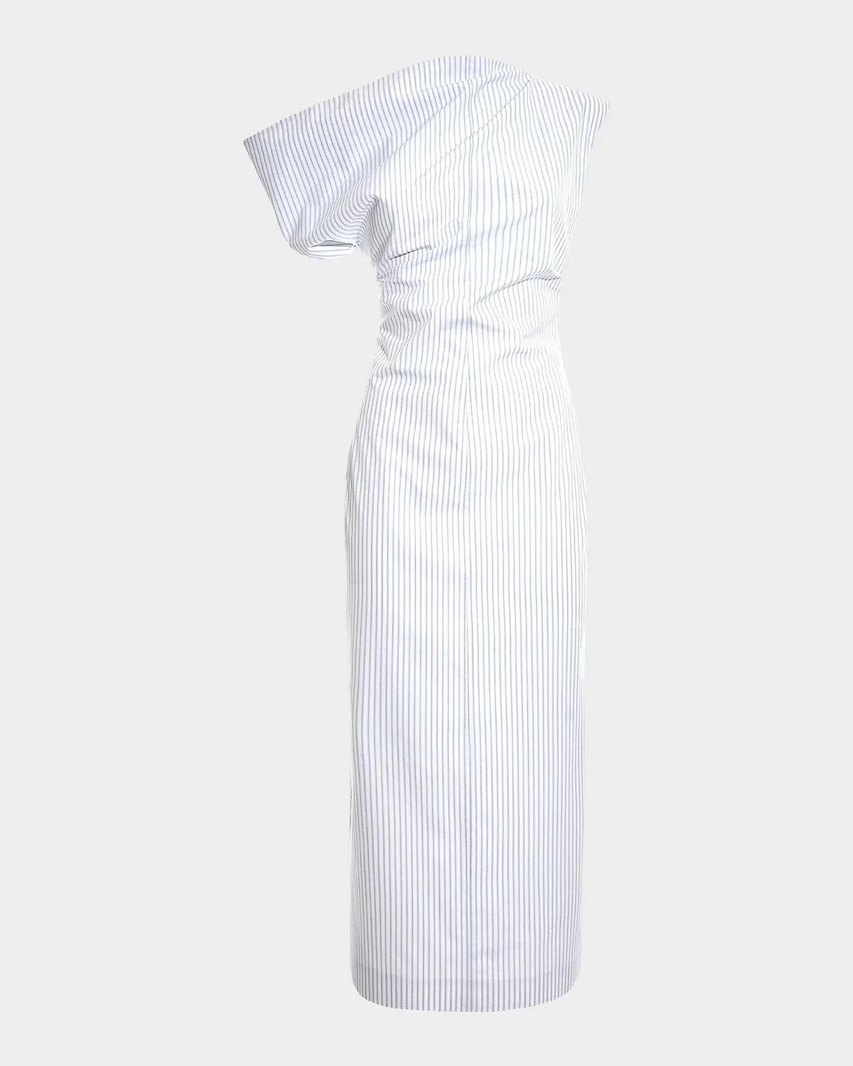 Malo Pinstriped Cotton Off-The-Shoulder Midi-Dress