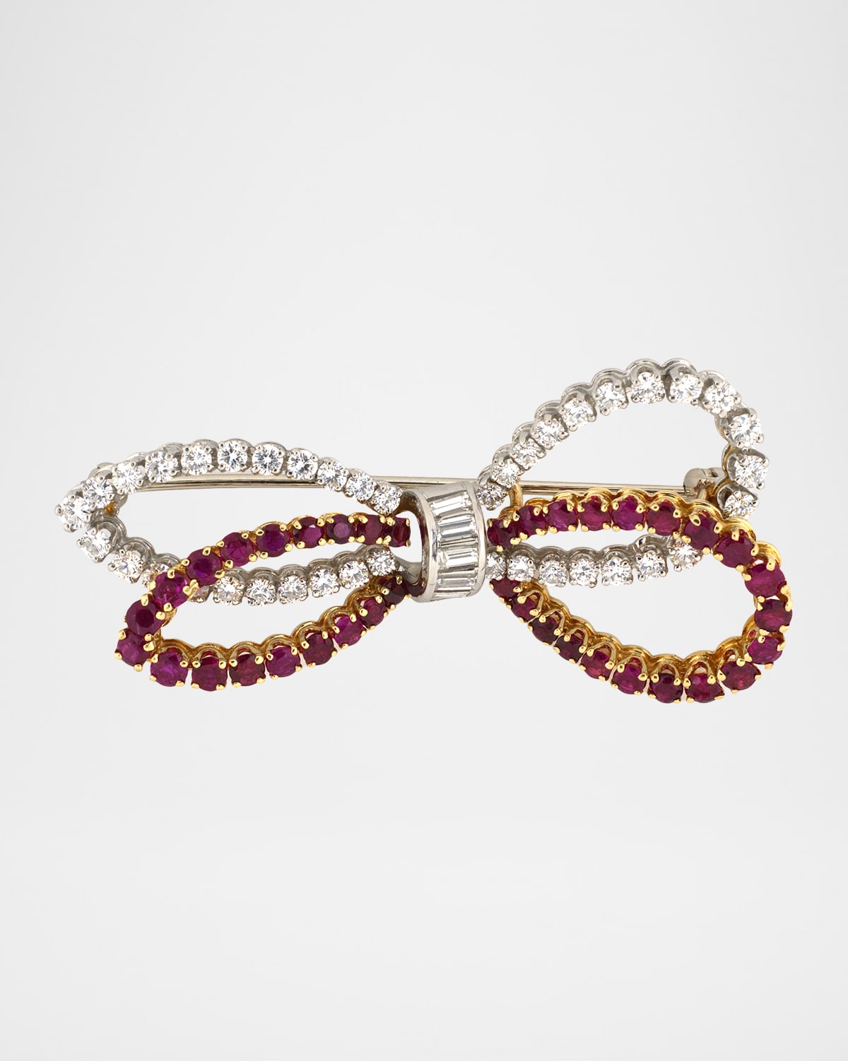 NM Estate Estate 18K Yellow Gold and Platinum Bow Pin with Diamonds and Rubies
